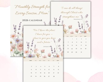 Kalendarz dla chrześcijańskich mam na rok 2026 | Afirmacje z Pisma Świętego, dekoracja ścienna A3