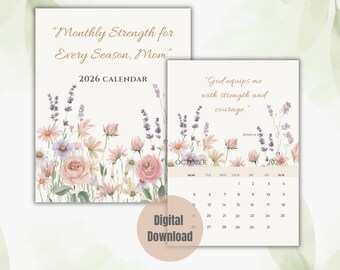 Kalendarz dla chrześcijańskich mam na rok 2026 | Afirmacje z Pisma Świętego (do pobrania w formacie cyfrowym A3 PDF)