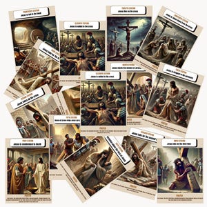 Puede incluir: Un conjunto de 14 tarjetas que representan las Estaciones del Vía Crucis. Cada tarjeta presenta una ilustración colorida de una escena de la Pasión de Cristo, junto con el número de la estación y una breve descripción del evento. Las tarjetas están impresas en cartulina resistente y son perfectas para usar en un aula, en casa o en una iglesia.