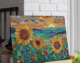 Stained Glass Sunflower Cutting Board Rustic Kitchen Art Cottagecore Floral Glass Decor Gift