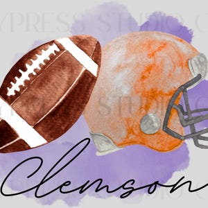 May include: A watercolour illustration featuring an American football and a helmet in shades of orange and brown. The word "Clemson" is written in cursive. The background has purple and grey watercolour splashes.