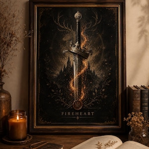 May include: Framed artwork featuring a detailed illustration of a sword with a crown hilt, set against a dark background with a castle silhouette. The word "FIREHEART" is at the bottom. The artwork is in a dark wooden frame.