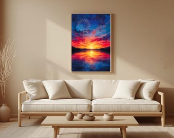 Lámina decorativa Liberty Firework Glow, arte patriótico de puesta de sol en un lago, decoración en rojo, blanco y azul (descarga digital)