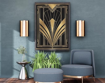 Impresión geométrica Art Déco en negro y dorado / Decoración Gatsby Glam (Descarga digital)