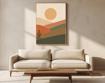 Boho Desert Sunset Print, Southwestern Landscape, Terracotta Cactus (Digital Download)