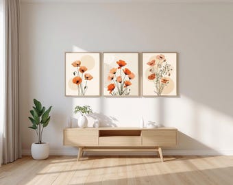 Juego de 3 láminas botánicas de amapolas naranjas – Arte floral bohemio para pared (descarga digital)