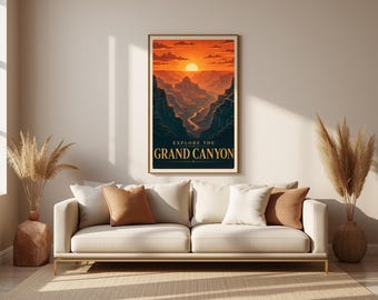Póster de viaje vintage del Gran Cañón, estampado de puesta de sol en el desierto del suroeste (descarga digital)