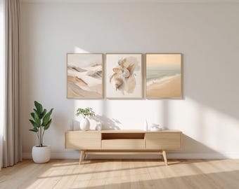 Conjunto de láminas decorativas costeras / ACRÍLICO - Olas oceánicas texturizadas, dunas de arena, conchas marinas (Descarga digital)