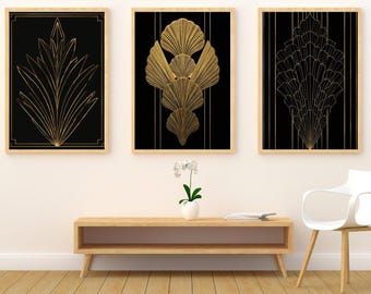 Impresión de abanico de conchas Art Déco: decoración geométrica en dorado y negro (descarga digital)
