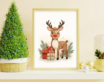 Arte mural navideño de renos imprimible / Decoración navideña acogedora con regalos / Póster navideño festivo / Arte navideño imprimible / Descarga instantánea