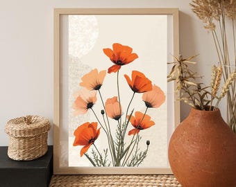 Lámina de amapola de California: arte floral bohemio para pared, decoración minimalista (descarga digital)