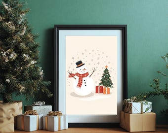 Impresión artística de muñeco de nieve y árbol de Navidad / Decoración navideña acogedora (descarga digital)