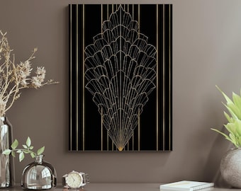 Impresión Art Déco de Conchas en Abanico – Dorado sobre Negro, Geométrica de los años 20 (Descarga Digital)