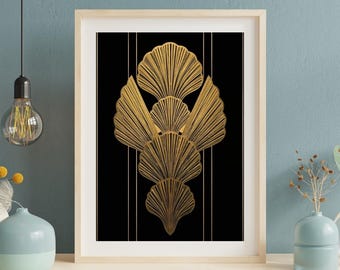 Impresión Art Déco de Conchas: Abanico Geométrico Dorado, Estilo Años 20 (Descarga Digital)