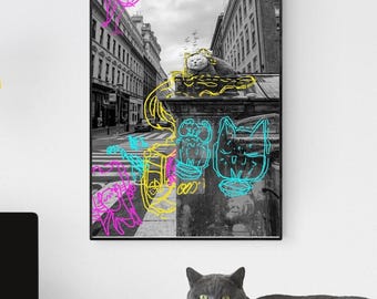 Impresión artística de gato con grafiti de neón – Fotografía urbana de Nueva York (Descarga digital)