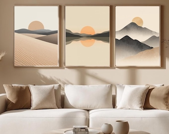 Conjunto de láminas de paisajes Japandi para pared, láminas de montañas desérticas en tonos neutros (descarga digital)