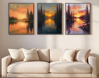 Juego de 3 impresiones de Sunset Lake, arte mural de cabaña de montaña (descarga digital)