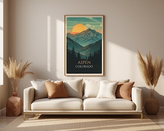 Póster de viaje vintage de Aspen, Colorado, lámina retro de paisaje de montaña (descarga instantánea)