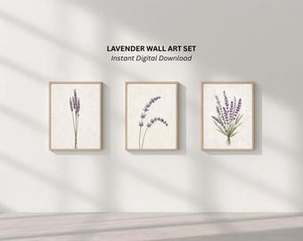 Set of 3 Lavender Botanical Prints, Minimalist Floral Wall Art (Digital Download)