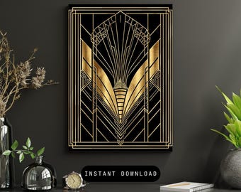 Impresión geométrica Art Déco en negro y dorado / Glamour de los años 20 (Descarga instantánea)