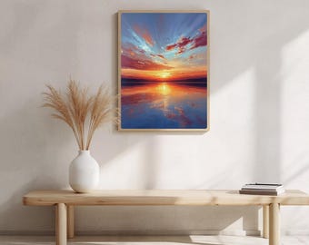Lámina acrílica con diseño de lago al atardecer, arte mural de paisaje moderno, decoración natural en rojo y azul (descarga instantánea).