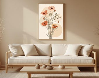 Estampado botánico de amapolas, arte mural floral naranja estilo boho, decoración vintage de pradera (descarga digital)