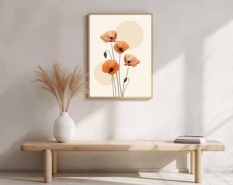 Estampado de amapolas suaves, arte botánico floral naranja, póster bohemio minimalista (descarga digital)