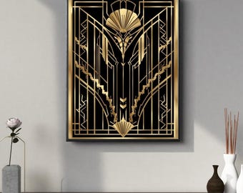 Impresión de abanico Art Déco / Arte geométrico de pared en negro y dorado (Descarga instantánea)