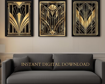 Conjunto de láminas Art Déco / Arte mural geométrico en negro y dorado (Descarga digital)