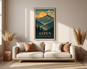 Póster de viaje vintage de montaña de Aspen, Colorado, impresión de paisaje de cabaña rústica (descarga digital)