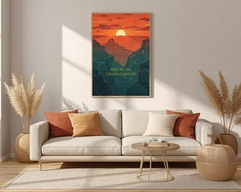 Póster de viaje vintage del Gran Cañón, estampado de puesta de sol en el desierto del suroeste (descarga digital)