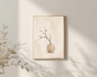 Japandi Left Branch Vase Print, Neutral Botanical Wall Art, Minimalist Floral (Digital Download)