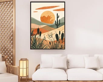 Impresión Boho de Atardecer en el Desierto – Arte de Cactus del Suroeste (Descarga Digital)