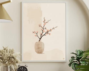 Impresión de flor de durazno japonesa, arte minimalista en jarrón (descarga digital)