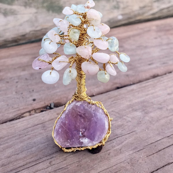 Genuine Beryl on Amethyst Window Quartz, Gold Wire Tree, Pastel Mini Gemstone Tree, Joyful Expression, Gift, Spring, Boho Decor, Easter