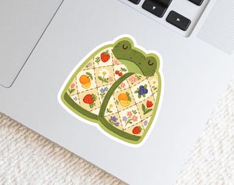 Frog Quilt Sticker | Cottagecore Floral Fruit Patchwork Decal