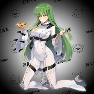 May include: A green-haired anime character wearing a white jumpsuit with black straps and holding a slice of pizza. The character is kneeling on a black and white background with Japanese text.