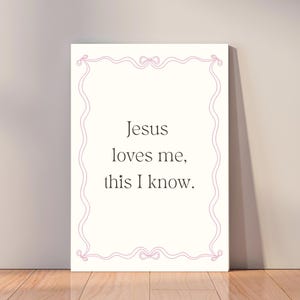 Jesus Loves Me – Minimalist Coquette Nursery Wall Art | Digital Download | Pink Bow Border | Christian Baby Girl Room Decor