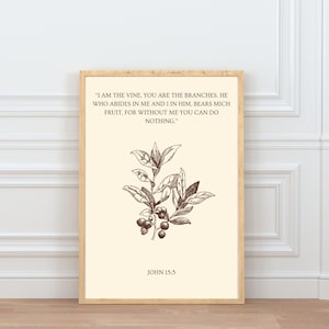 Minimalist Christian Wall Art | John 15:5 Scripture Print | Vine and Fruit Bible Verse | Digital Download Faith Home Decor