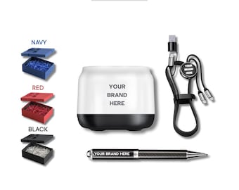 Set de regalo corporativo con logotipo personalizado / Altavoz Bluetooth personalizado, cable cargador 2 en 1, bolígrafo roller / Set de regalo personalizado / Regalos para clientes