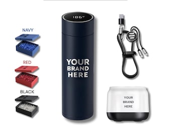 Set de regalo premium corporativo con logotipo personalizado / Termo personalizado, cable cargador 2 en 1, altavoz Bluetooth / Regalo promocional personalizado / Set de regalo para clientes