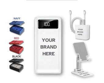 Set de regalo corporativo premium personalizado / Caja de regalo corporativa / Batería externa, cargador y adaptador USB-C, estación de acoplamiento / Set de regalo promocional