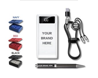 Set de regalo corporativo con logotipo personalizado / Caja de regalo corporativa / Batería externa personalizada, cable cargador 2 en 1, bolígrafo roller / Set de accesorios de energía
