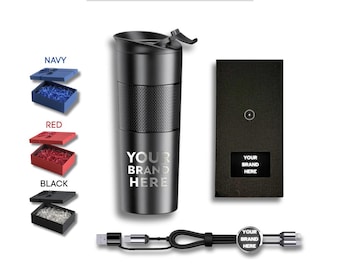Set de regalo corporativo premium con logotipo personalizado / Vaso de acero inoxidable, alfombrilla de ratón inalámbrica, cargador 2 en 1 / Caja de regalo corporativa / Regalo personalizado