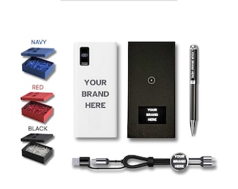 Set de regalo corporativo premium personalizado / Caja de regalo corporativa / Batería externa, bolígrafo roller, cable cargador 2 en 1, alfombrilla para ratón / Accesorios de energía