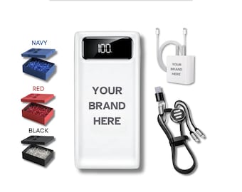Set de regalo corporativo personalizado con elementos esenciales de energía / Caja de regalo corporativa / Batería externa personalizada, cable cargador 2 en 1, cargador USB-C / Elementos esenciales de energía