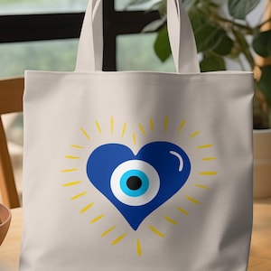 Greek Evil Eye Heart Design Tote Bag, Greek Good Luck Charm Tote Bag, Greek Symbol Tote Bag, Unique Greek Gifts Tote Bag, Greek Decor