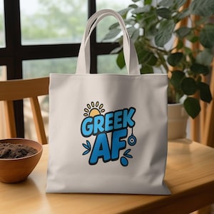 Greek AF Tote Bag, Funny Greek Gift, Greece Pride Tote, Greek Culture Bag, Greek Heritage Accessory, Blue Greek Design Bag