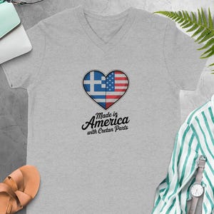 Made in America with Cretan Parts T-shirt, Heart USA Greek Flag Shirt, Greek American Pride Tee, Patriotic Gift for Greeks