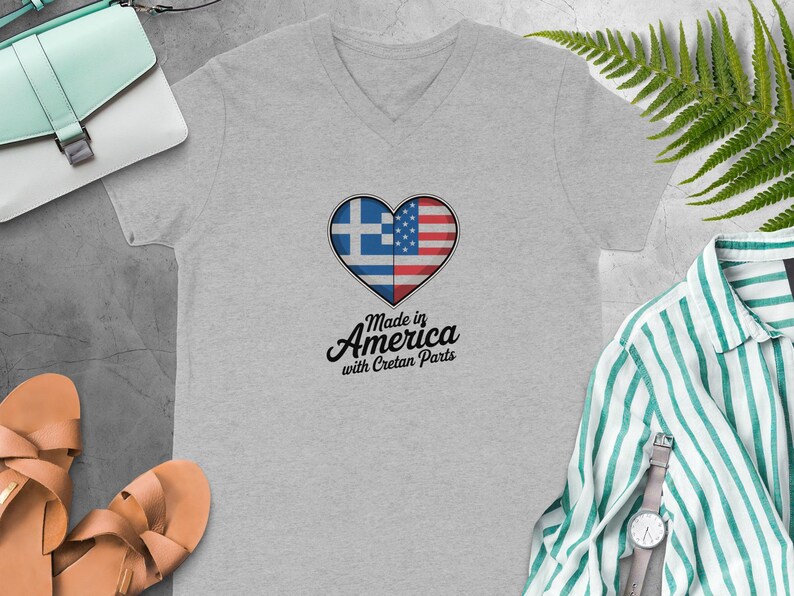 Made in America with Cretan Parts T-shirt, Heart USA Greek Flag Shirt, Greek American Pride Tee, Patriotic Gift for Greeks